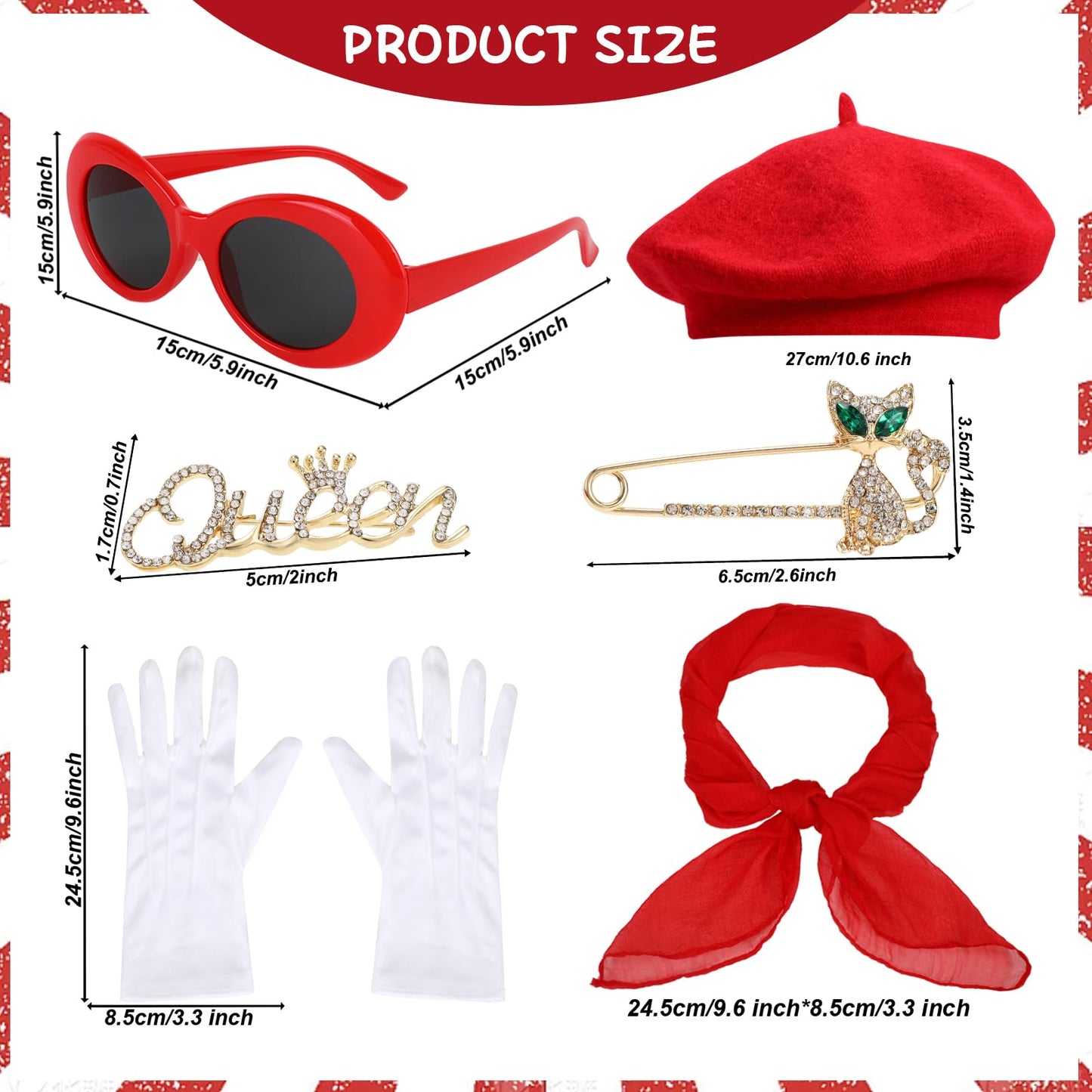 PHOGARY 6PCS French Costume Accessories Set, 50s Costume Accessories with Beret, Scarf, Sunglasses, Gloves, Brooches Mime Costume for Women Girls Halloween Cosplay French Themed Party