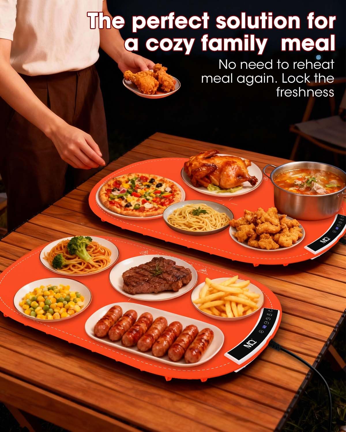 MQ Food Warming Mat, Electric Warming Tray with 7 Temp & 1-6H Timer to Keep Food Warm at Party, 5s Fast Heating Silicone Surface, Rollable & Portable Heating Pad for Food at Buffet and Family, Orange