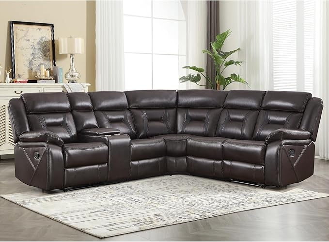 EBELLO Manual Reclining Sectional Sofa for Living Room, L-Shaped Sectional Corner Reclining Sectional Couches Home Furniture Set with Center Console, Hidden Cup Holders and Storage, Dark Brown