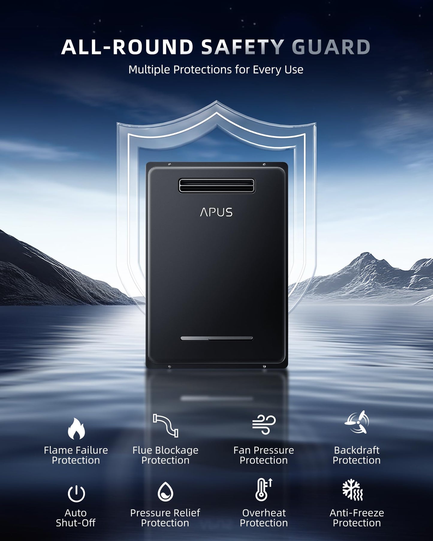 APUS 190,000 BTU Outdoor Tankless Water Heater, 8.1 GPM Propane Instant Hot Water Heater with WiFi & Remote Control, High Efficiency for Supports 5 Outlets