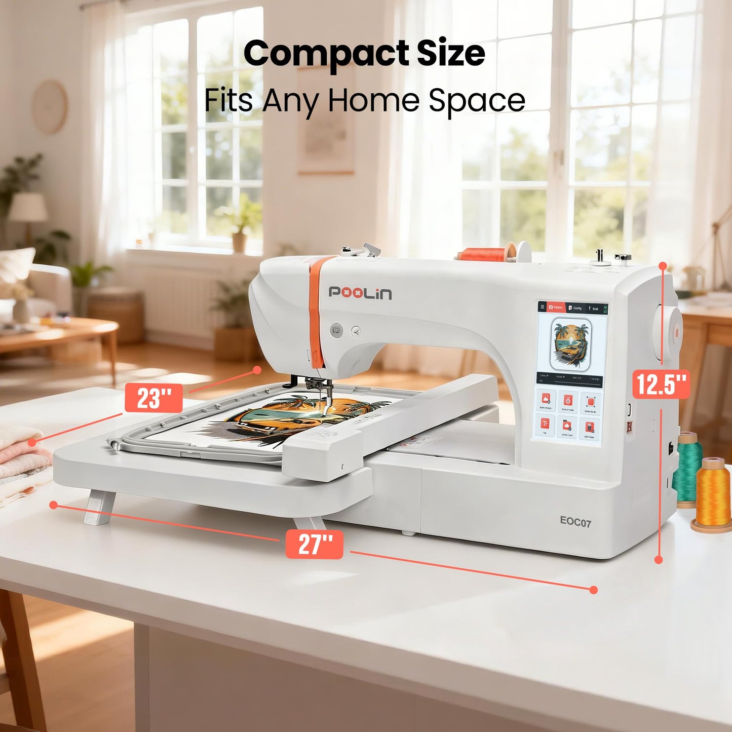 Poolin EOC07 Embroidery Machine, 7.9" x 15" Large Embroidery Area, 7" Touchscreen Institch OS3, Embroidery Starter Supplies Included, Wi-Fi Design Transfer Digital Software for Custom Projects