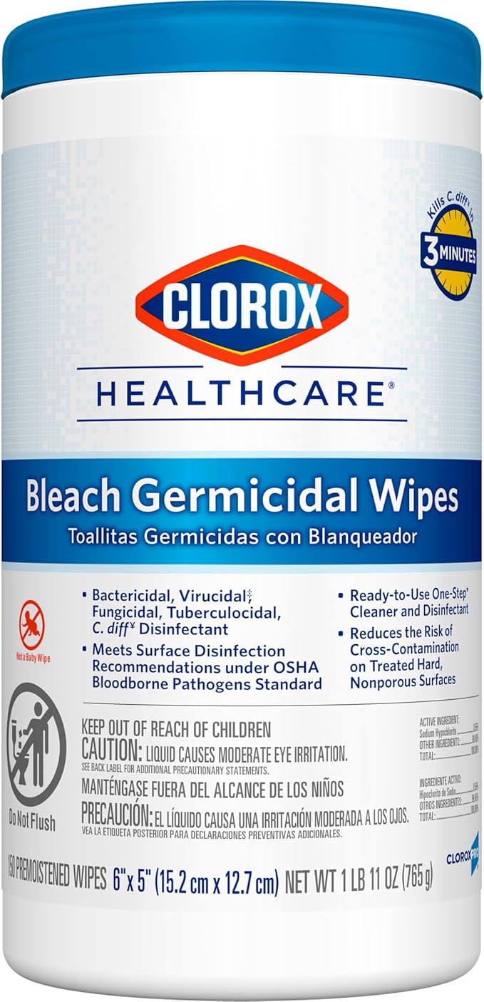 Clorox Healthcare Bleach Germicidal Wipes, 6" x 5", 150 Count Canister (Package May Vary)