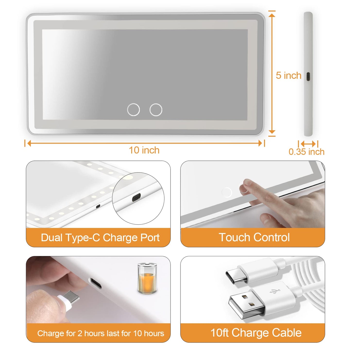 UYYE Car Visor Vanity Mirror, Rear Makeup Mirror, Touch on Screen & 3 Light Modes, Rechargeable Travel Makeup Mirror with LED Li