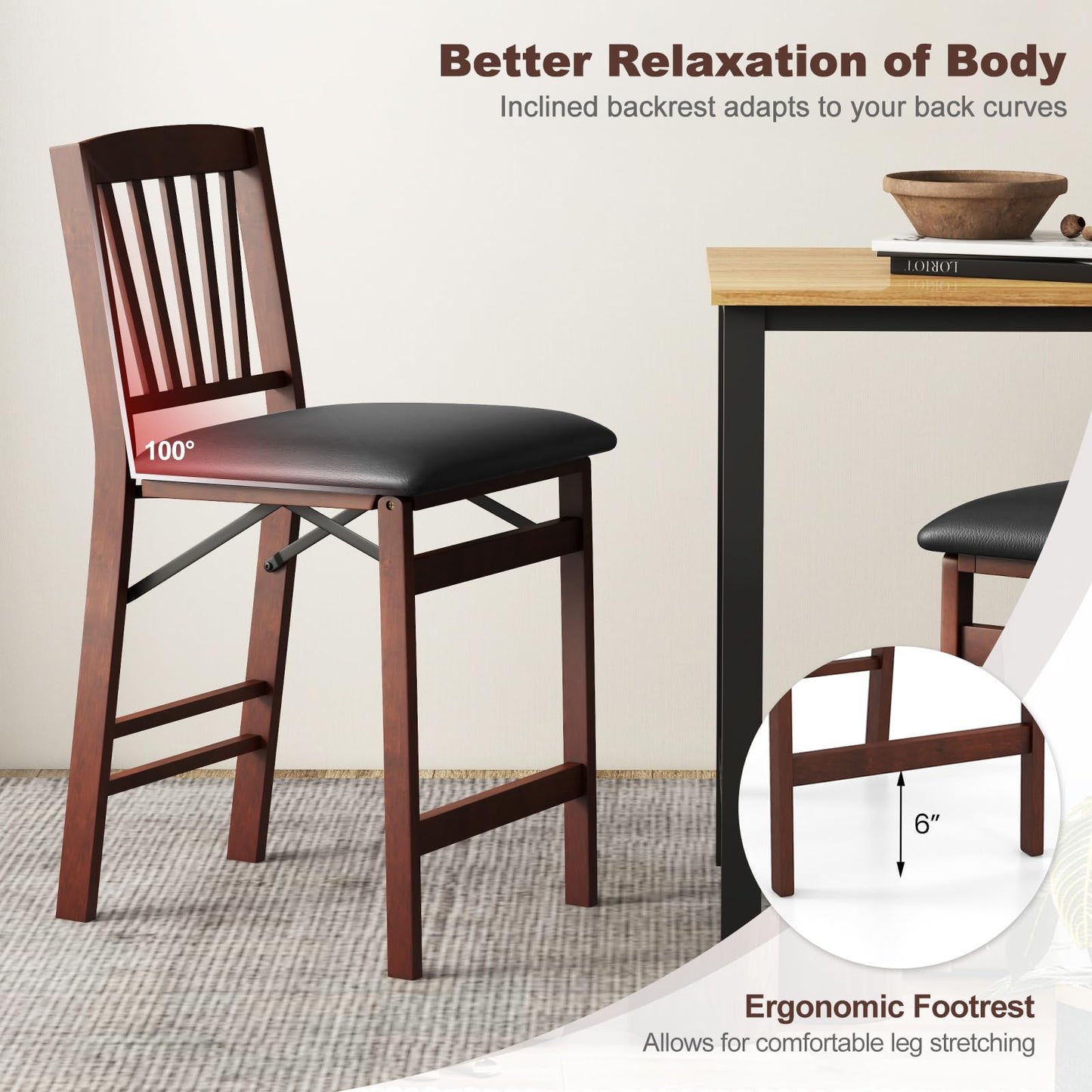 COSTWAY Set of 2 Counter Height Chairs, 24.5" Bar Stools Set, Folding Kitchen Island Stool with Padded Seat, Footrest & Rubber Wood Legs, No Assembly Needed, Portable Bar Chair for Dining Room