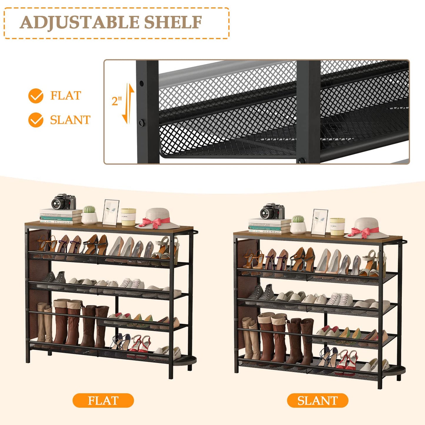Bonzy Home 5-Tier Shoe Rack for Entryway, Shoe Shelves for 21 Pairs, Flat & Slant Adjustable Shoe Storage Organizer for Entryway with Wood Top, Side Pockets, Umbrella Holder, Metal Mesh