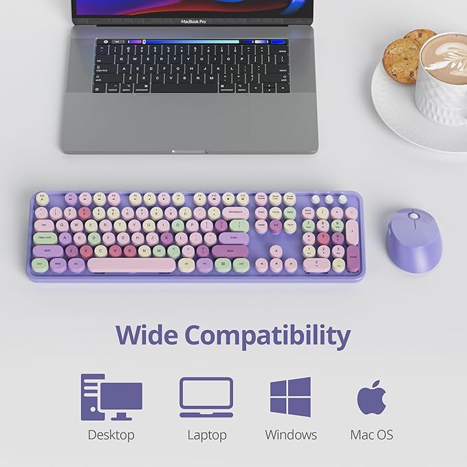 Wireless Keyboard and Mouse Set, Retro Typewriter 2.4GHz Full Size 104-Key Cute Colorful Keyboard with Number Pad Round Keycaps for Windows PC Laptop(Colorful Purple)