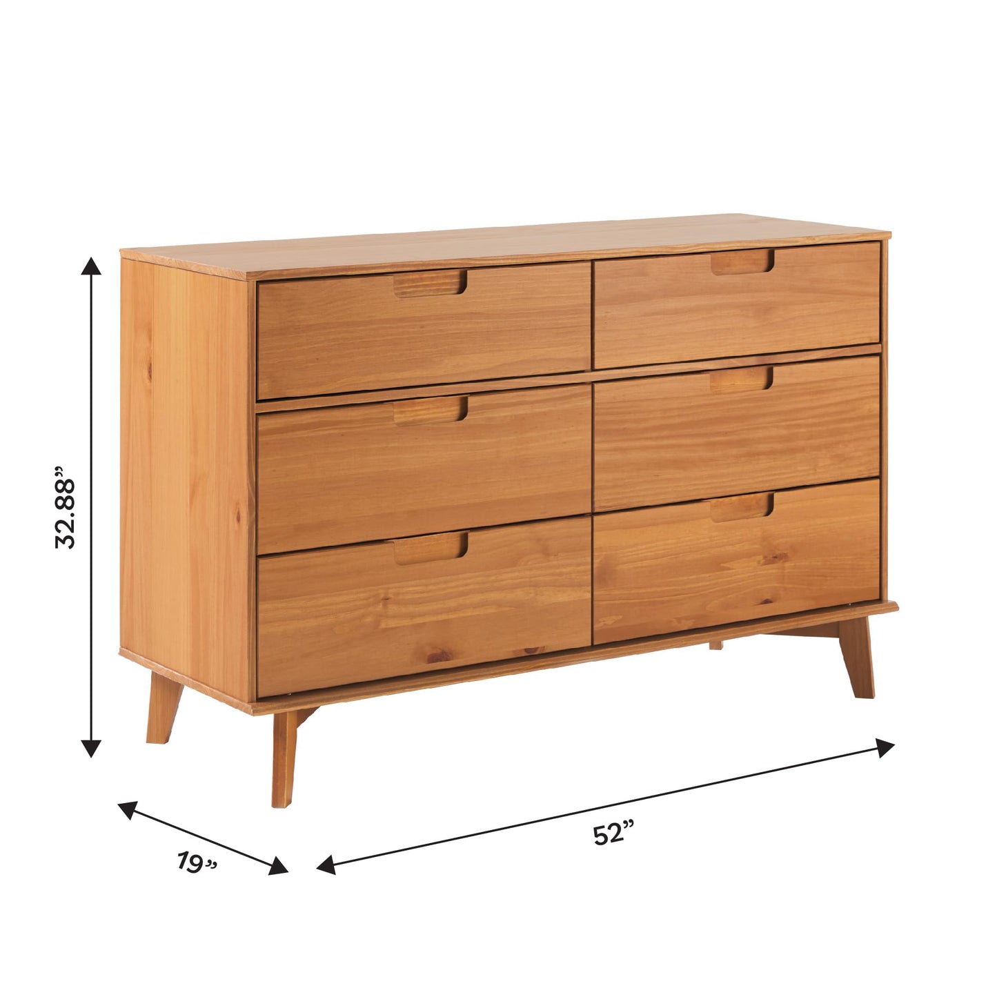 Walker Edison Sloane 6-Drawer Groove Handle Solid Wood Dresser, 52 Inch, Caramel