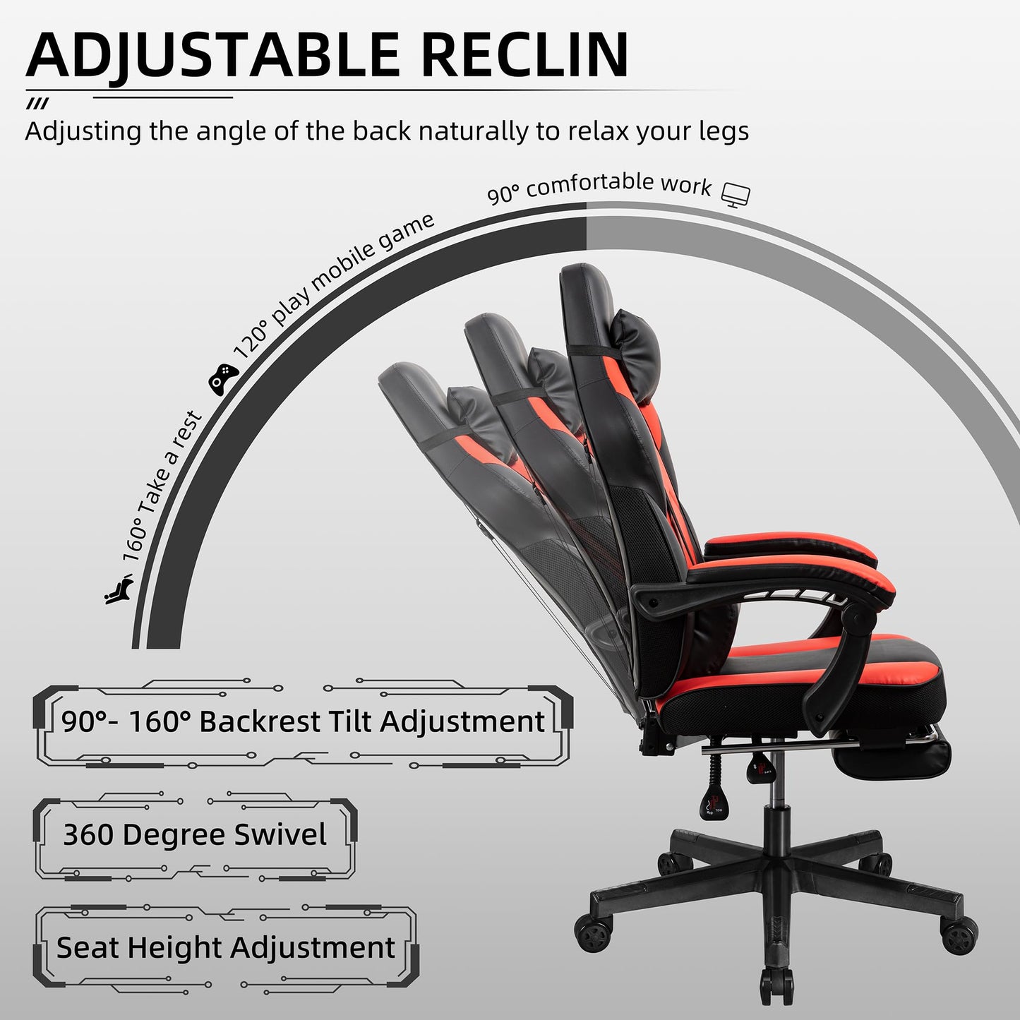 Shintenchi Gaming Chair, Office Chair with Footrest and Lumbar Support, Height Adjustable Game Chair with 360°-Swivel Seat and Headrest and for Office or Gaming (Deep Red)