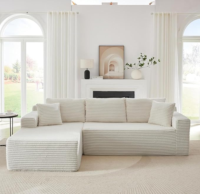 Vanress Cloud Couch Sectional, Corduroy Boneless Couch with L-Shape Chaise, Modern Modular Sectional Sofa Comfy Deep Seat for Living Room, Bedroom, No Assembly (White, Left Facing Chaise)
