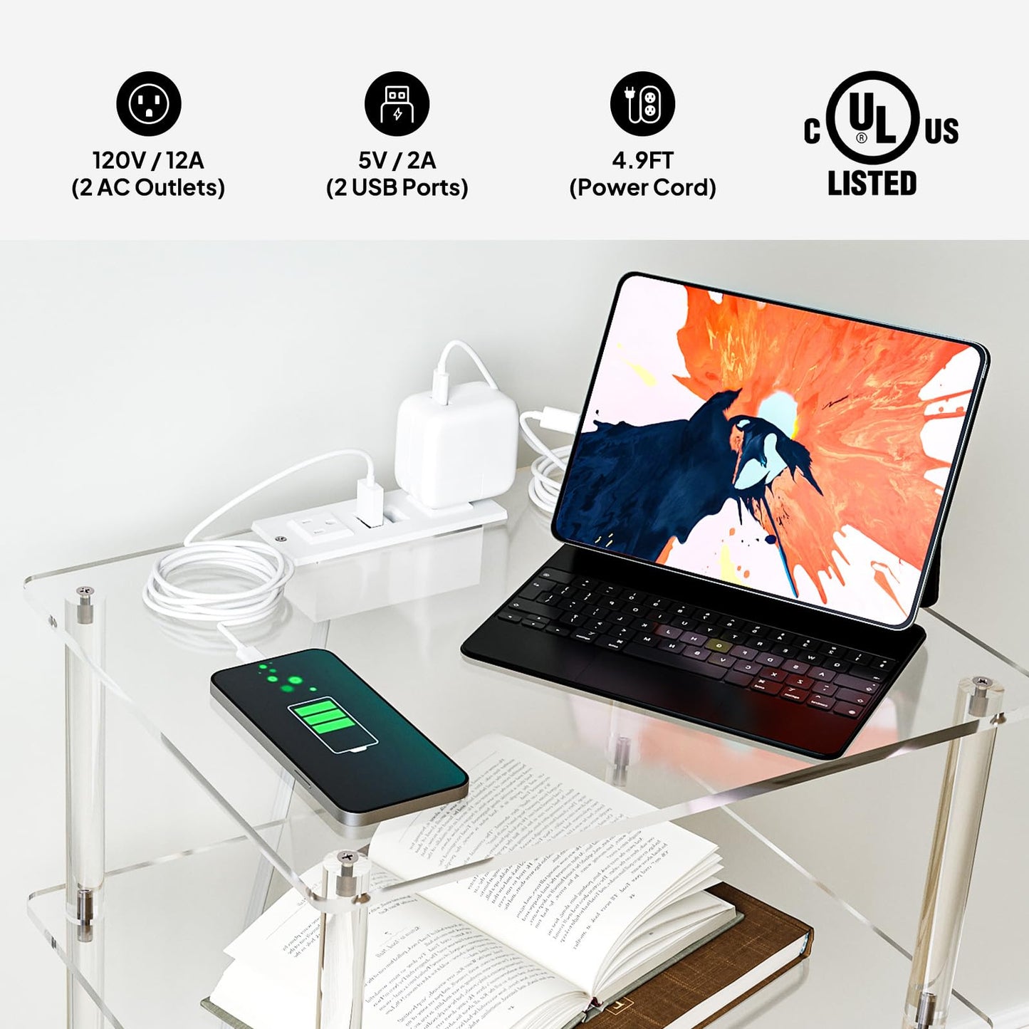 Eglaf Acrylic Side Table with Charging Station - 3 Tier Charging End Table Set of 2 - Clear Nightstand Bedside Table with USB Ports & Outlets - for Bedroom, Living Room, 15'' L x 11.8'' W x 23.6'' H