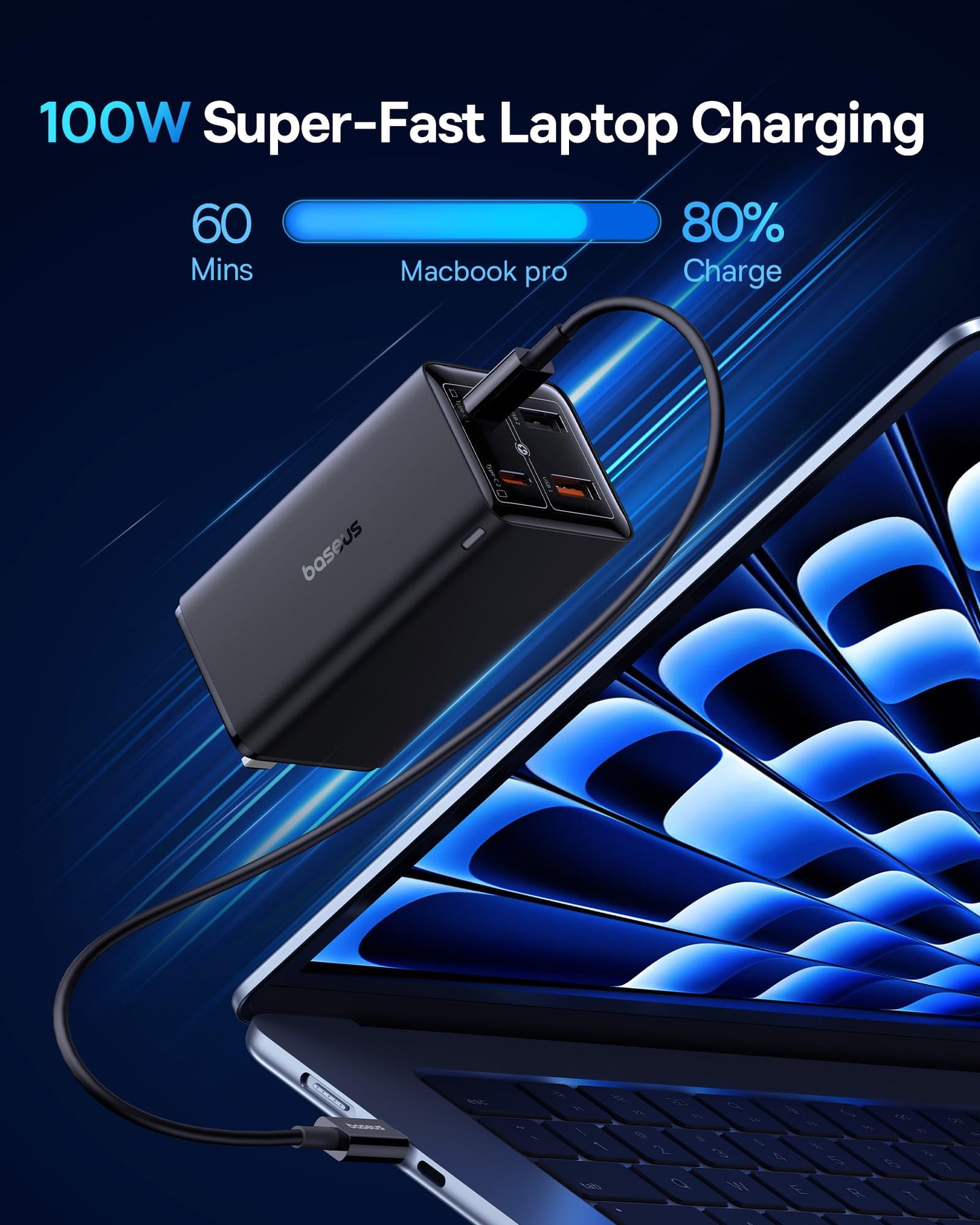 Baseus Usb C Charger 100W, 4-Port Gan6 Foldable Wall Charger Compact Fast Charging Block Power Adapter For Macbook, Google Pixel