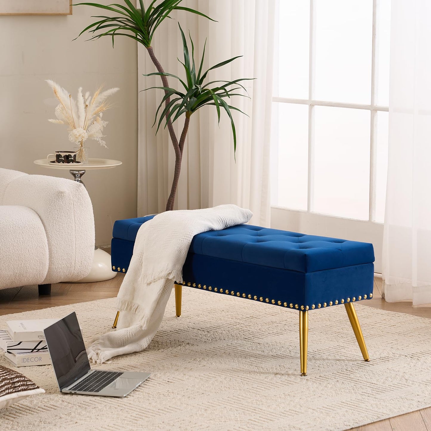 AIITTCC Velvet Storage Bench with Gold Legs& Nailhead Trim, 40" Wide Upholstered Modern Bedroom Bench for End of Bed, Tufted Ottoman for Entryway Living Room Dining Room (Navy Blue, 40" Wide)