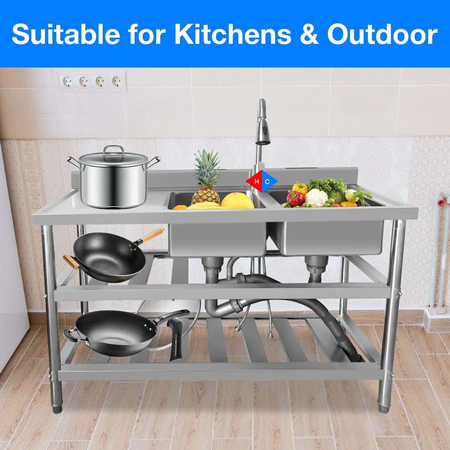 DuyviSteil 304 Stainless Steel Sink 2 Compartment Free Standing Utility Sink, Commercial Restaurant Kitchen Sink, Outdoor Sink Set w/Pull-out Faucet & Workbench with Water Pipe (47in)