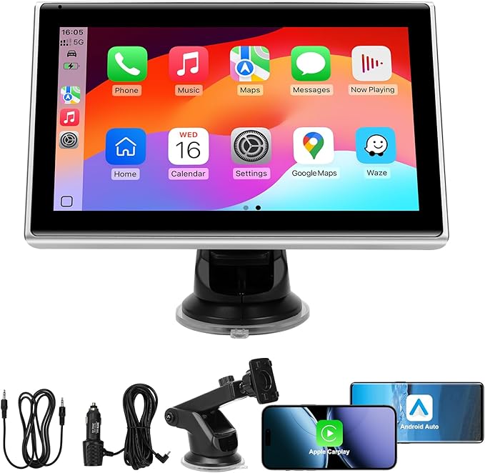 7" Portable Wireless CarPlay Screen for Car – Apple CarPlay & Android Auto, HD Touch Screen Car Stereo, Bluetooth, GPS Nav...