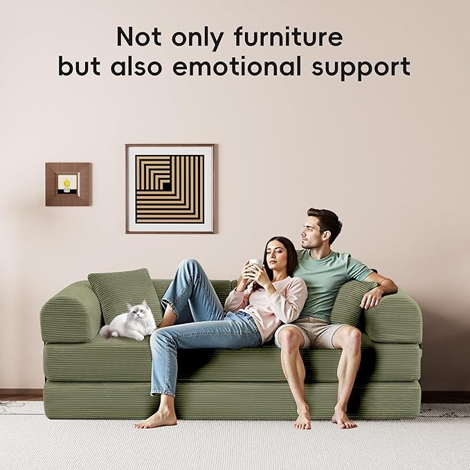 ZQRhome 79" 5-in-1 Convertible Sofa Bed, Luxe Comfort Sleeper with Sturdy Frame, No Assembly Corduroy Couch for Living Room, Apartment & Relaxation, Light Green