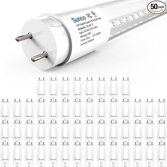 Sunco 50 Pack T8 LED Bulbs 4 Foot, 48 Inch Tube Light Bulbs Fluorescent Replacement, Single or Double Ended Hybrid Type A+...