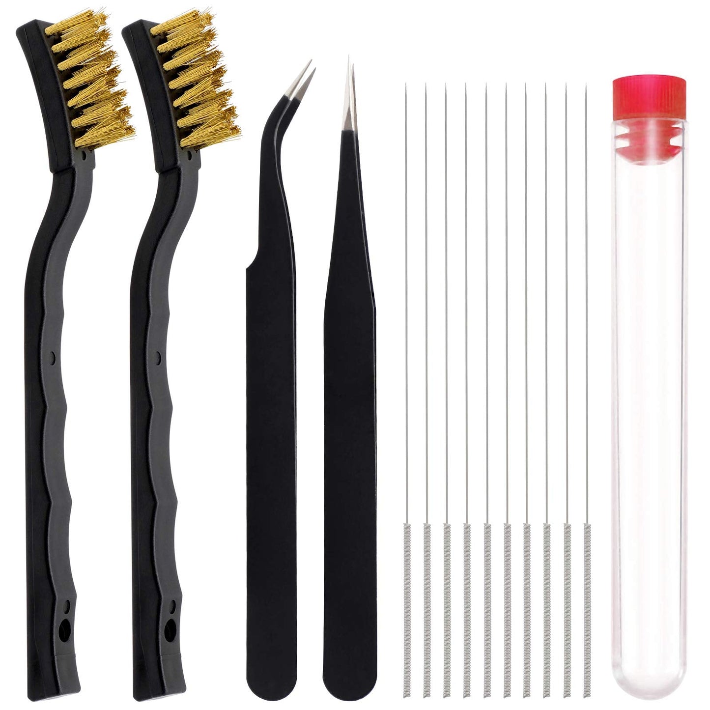 3D Printer Nozzle Cleaning Kit with Brush - 10 Pieces 0.4 mm Cleaning Needles, 2 Types Sophisticated Tweezers and 2 Pieces Cooper and Stainless Wire Cleaning Brushes