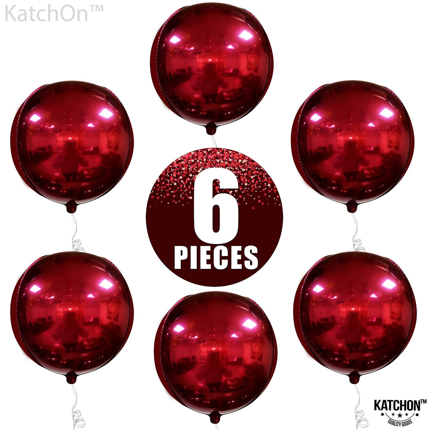 KatchOn, Huge Metallic Red Balloons - 22 Inch, Pack of 6 | Round 4D Mylar Balloon for Red Party Decorations | Burgandy Balloons for Birthday, Anniversary, Bachelorette, Vampire Party Decorations