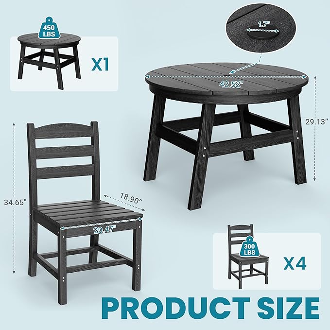 PamapicLife 5 Piece Round Outdoor Dining Set, Relaxing HDPE Outdoor Table and Chairs with 105° Ergonomic Backrest, All-Weather Patio Table and Chairs Set with Umbrella Hole for Porch, Poolside, Black
