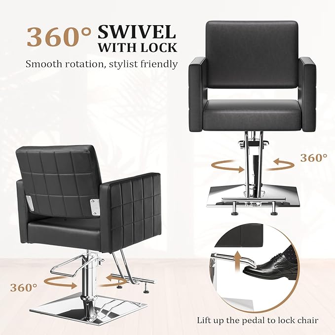 mefeir Black Barber Chair Hair Salon Chair with Heavy Duty Hydraulic Pump, Square Base, Stainless Steel Footrest,Styling Chair for Beauty Spa Hairdressing Braiding