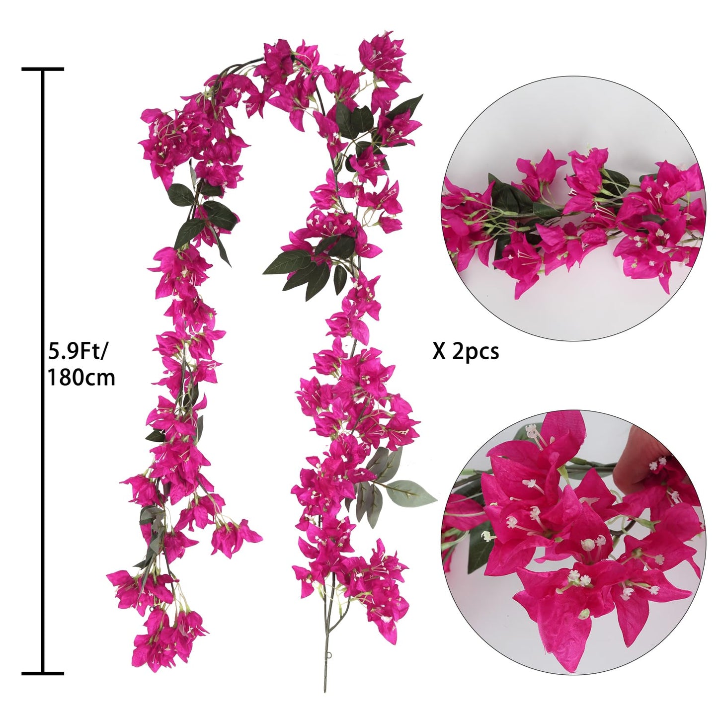 IPOPU 5.9 Ft Artificial Bougainvillea Flowers Garland 2PCS Fake Silk Bougainvillea Vines Long Plant Faux Bougainvillea Wreaths for Centerpieces Table Runner Wedding Arch Wall Decorations (Deep Pink)