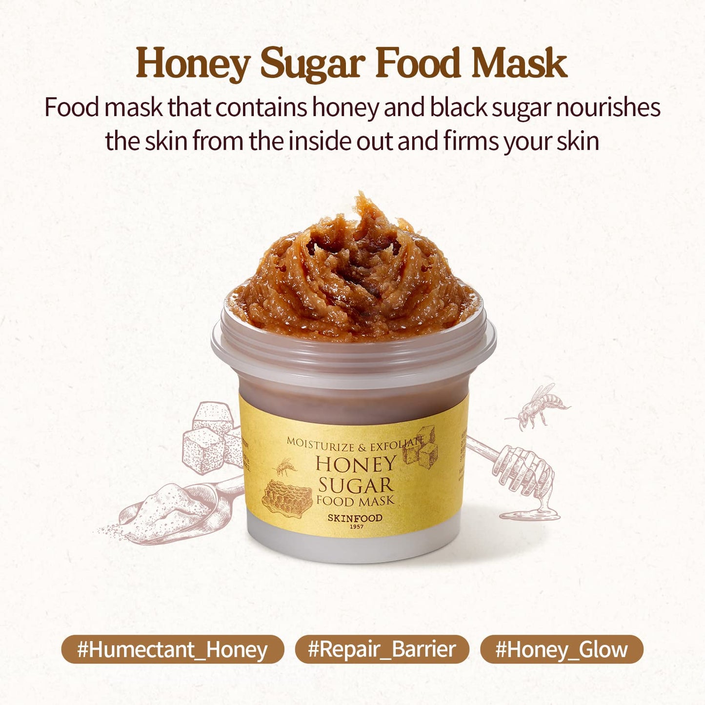 SKINFOOD Mask Honey Sugar 120g - Facial Pore Cleanser, Nourishing & Firming Skin Exfoliator - Wash Off Face Masks w/Melting Suga