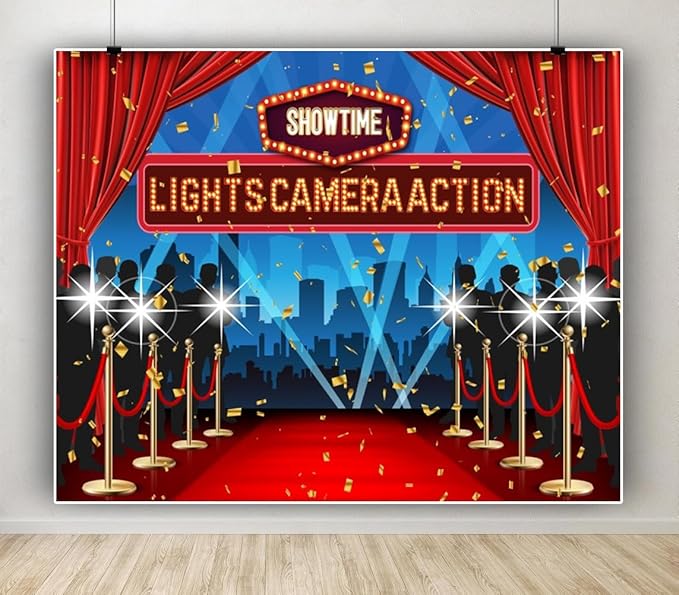 Lights Camera Action Backdrop 10x8ft Movie Night Theme Red Carpet Awards Ceremony Decorations Photography Background Dres...