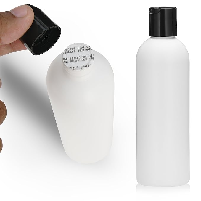 429 PCS Empty White HDPE Bottle 8oz - Cosmo Round Plastic Bottles - 24/410 Neck Black Disc Cap - 24 mm Foil Pressure Seal for Freshness and Leak Prevention - Phthalate Free Approved for Safe Cosmetics