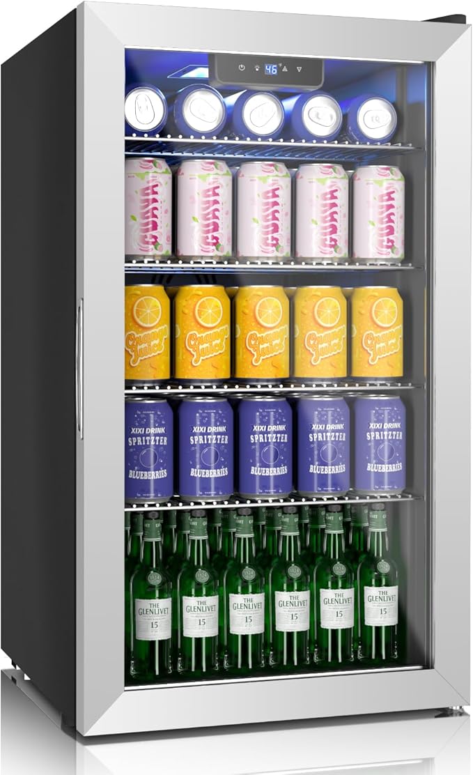 WINEBOSS 17 Inch Beverage Refrigerator and Cooler, 116 Cans Mini Beverage Fridge with Reversible Glass Door for Soda Beer ...