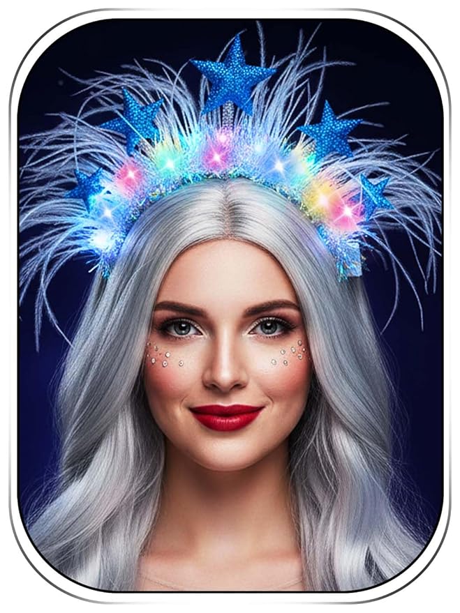 Woeoe Ligth Up Stars Headband Led Glowing Hair Bands Party Rave Costume Feather Hair Accessories for Women