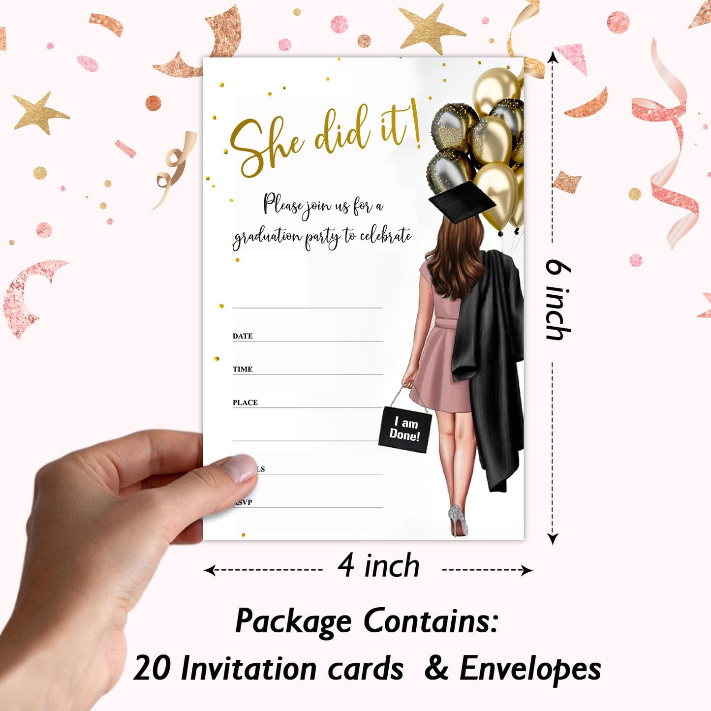 rizotus 20 Graduation Party Invitations with Envelopes, She Did It Grad Party Announcement Invite Cards, Grad Celebration Party Favor Supplies -a07