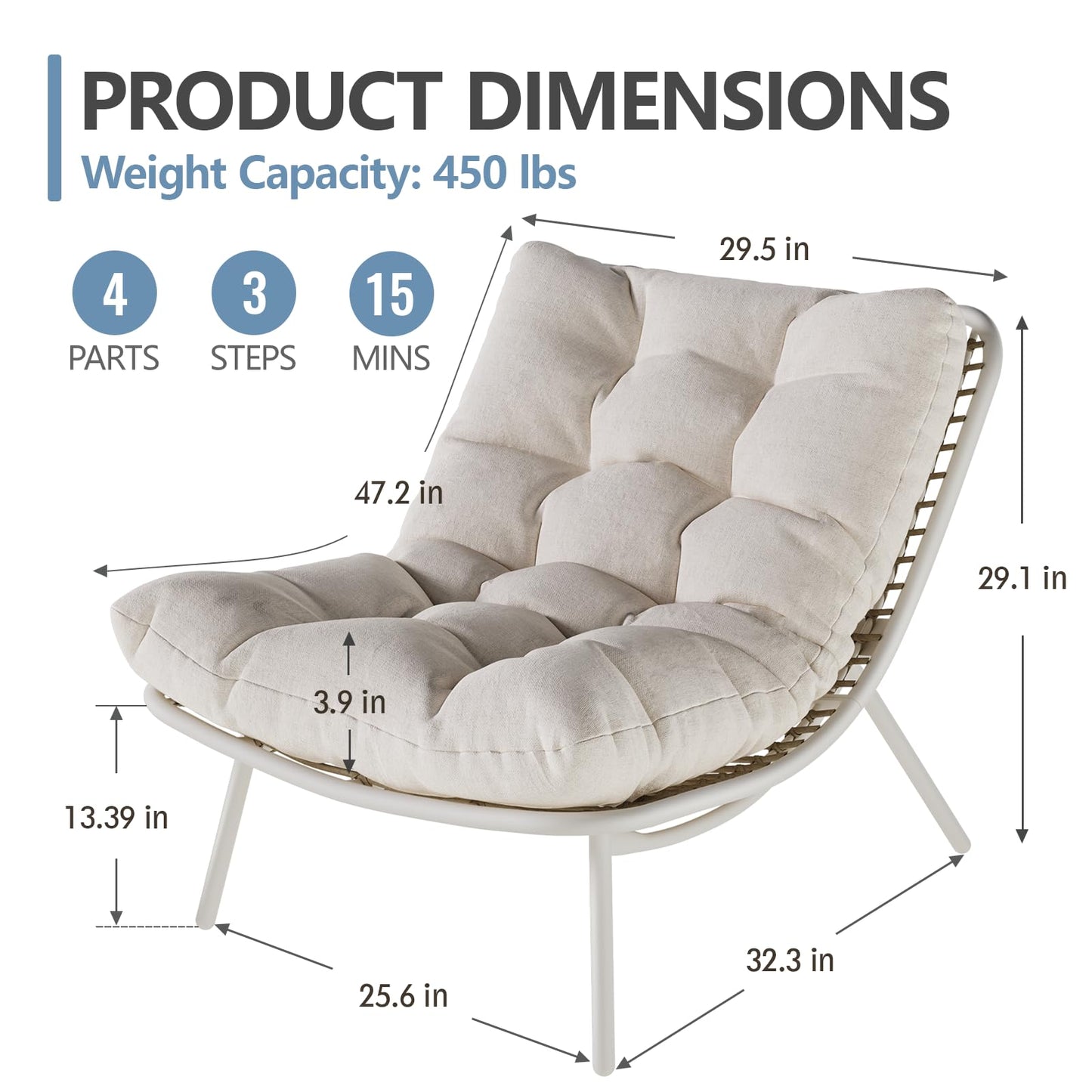 SWITTE Wicker Chaise Lounge Chair, Outdoor Papasan Recliner with Thick Cushion, Low Seat Patio Chair for Balcony, Backyard, Poolside - Beige
