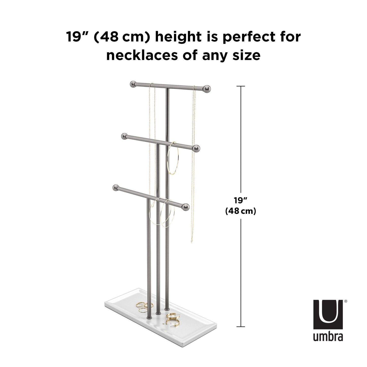 Umbra Trigem Jewelry Organizer - 3 Tier Steel Necklace Holder, Free Standing, White/Nickel, Model 299330-491-REM