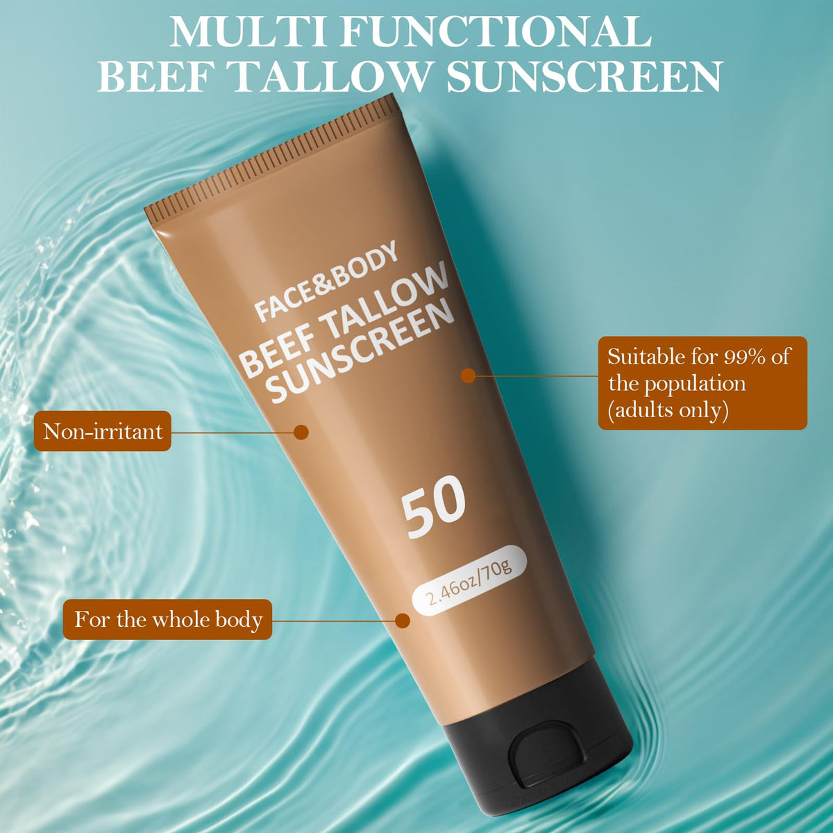 Beef Tallow Sunscreen, Sunscreen for Face, Natural Reef Safe Sunblock for Face Body, Non Greasy Clean Travel Sun Screen Sunblock