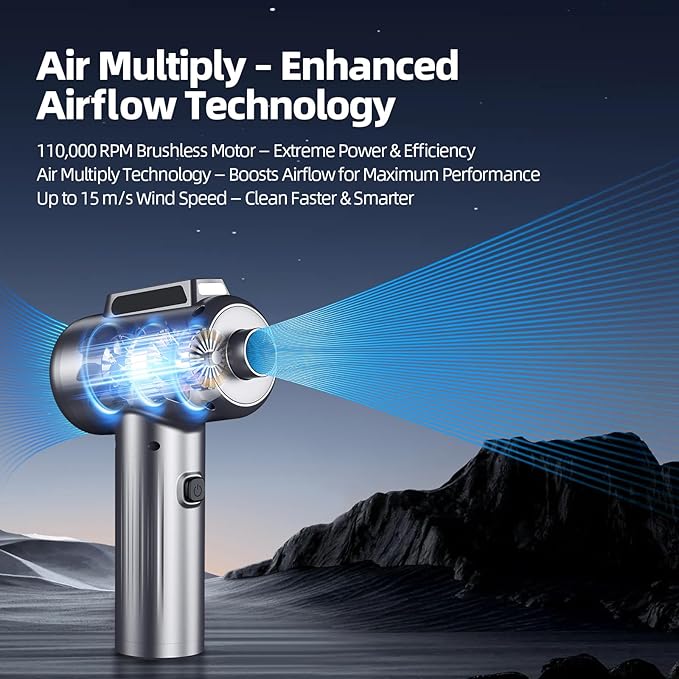 Compressed Air Duster, New Ultra-Powerful Electric Air Duster with LED Light, 3-Speed Adjustable, Rechargeable Cordless Mini Blower for Computer, Keyboard, Car, PS5, Outdoor & Home Cleaning