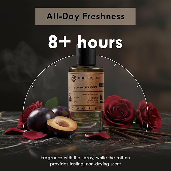 Plum Incandescence Perfume for Women, Inspired by T.F Lost Cherry, 2-Piece Combo of 100 ml Fragrance Spray Bottle and 10 ml Alcohol-Free Roll-On Perfume Oil, Vegan, Paraben-Free