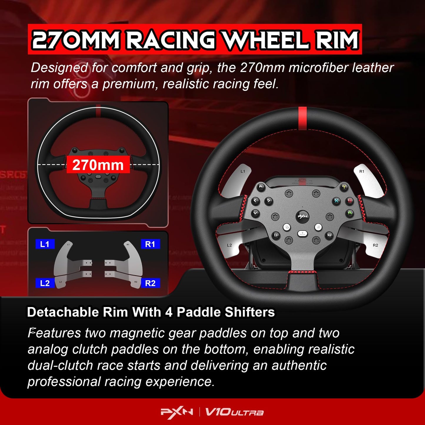 PXN V10 Ultra Direct Drive Racing Wheel & Pedals – 3.2Nm Force Feedback, 10.6'', 4 Paddle Shifters, Hall Effect 2-Pedal Set - Gaming Steering Wheel for Xbox Series X|S, Xbox One, PS4 & PC