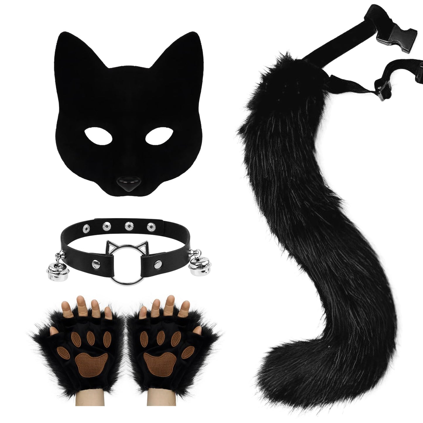 HAOAN Faux Fur Half Face Mask Paw Gloves Wolf Fox Tail and Leather Necklace Set Costume for Halloween Cosplay Party Black