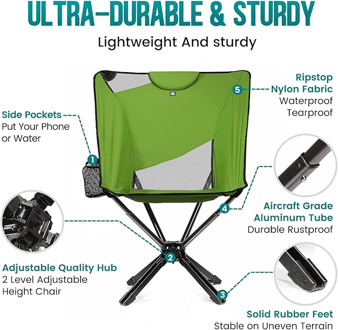 TCEK Portable High Back Camping Chair with Adjustable Height, Small Compact Outdoor Folding Chair for Adults Travel, Riselite Collapsible Lightweight Packable Camp Chairs, Easy Carry and Quick Setup