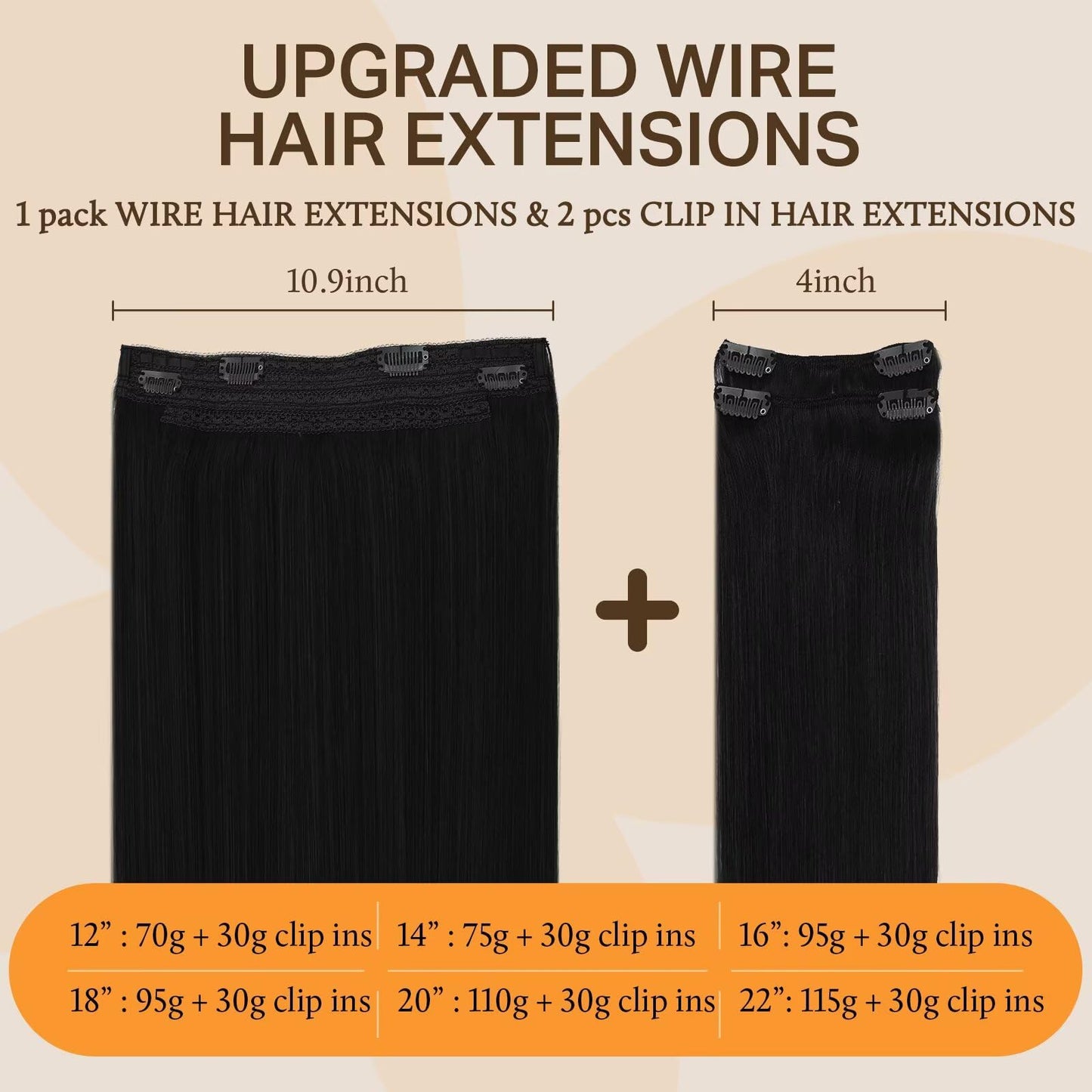 DOORES Wire Hair Extensions, Jet Black 20 Inch 110g Fish Line Weft Extensions and 2pcs 30g Clip ins, 140g Invisible Wire Real Re