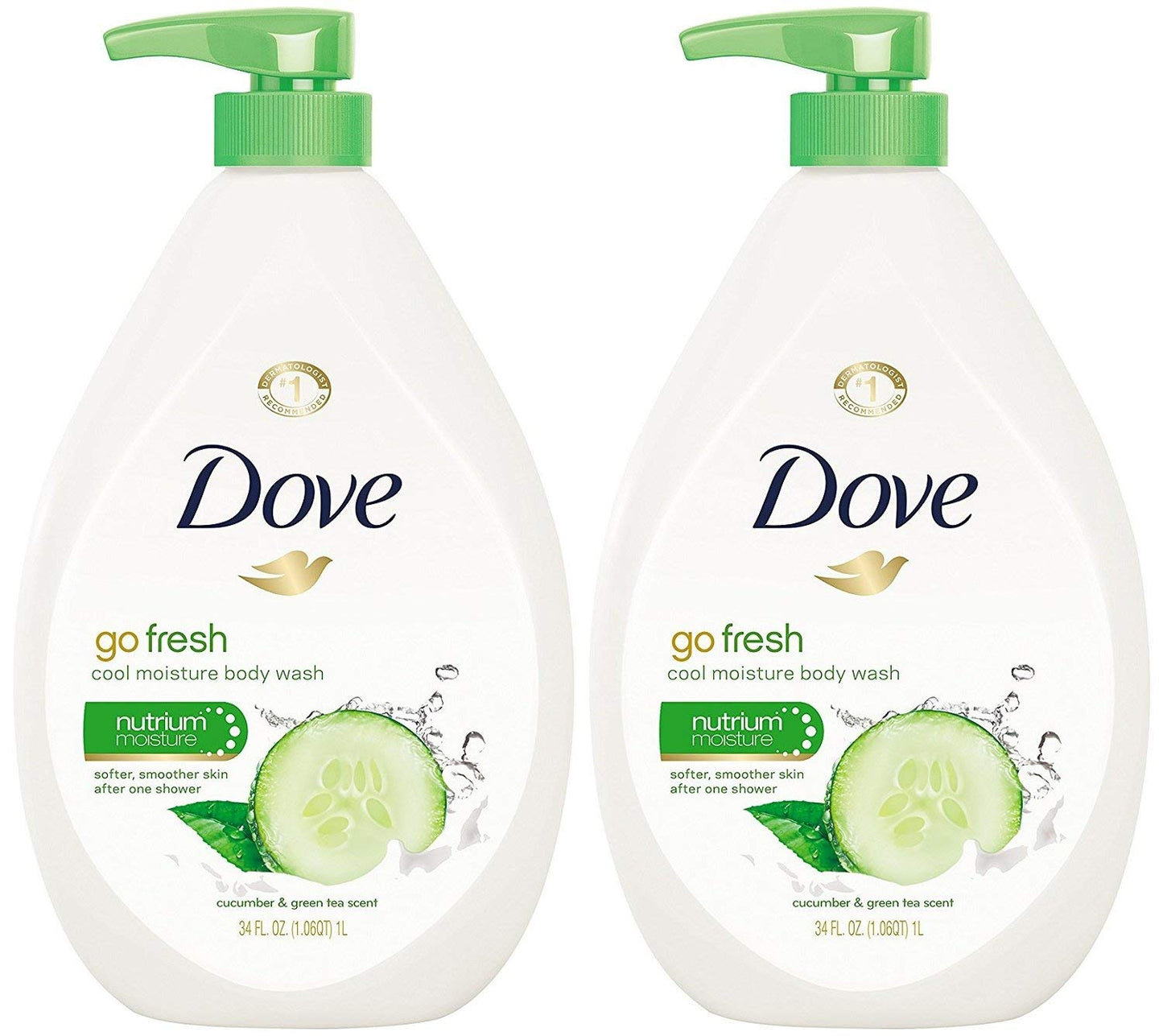 Dove Go Fresh Cool Moisture Body Wash, Cucumber and Green Tea Pump 34 Ounce (Pack of 2)
