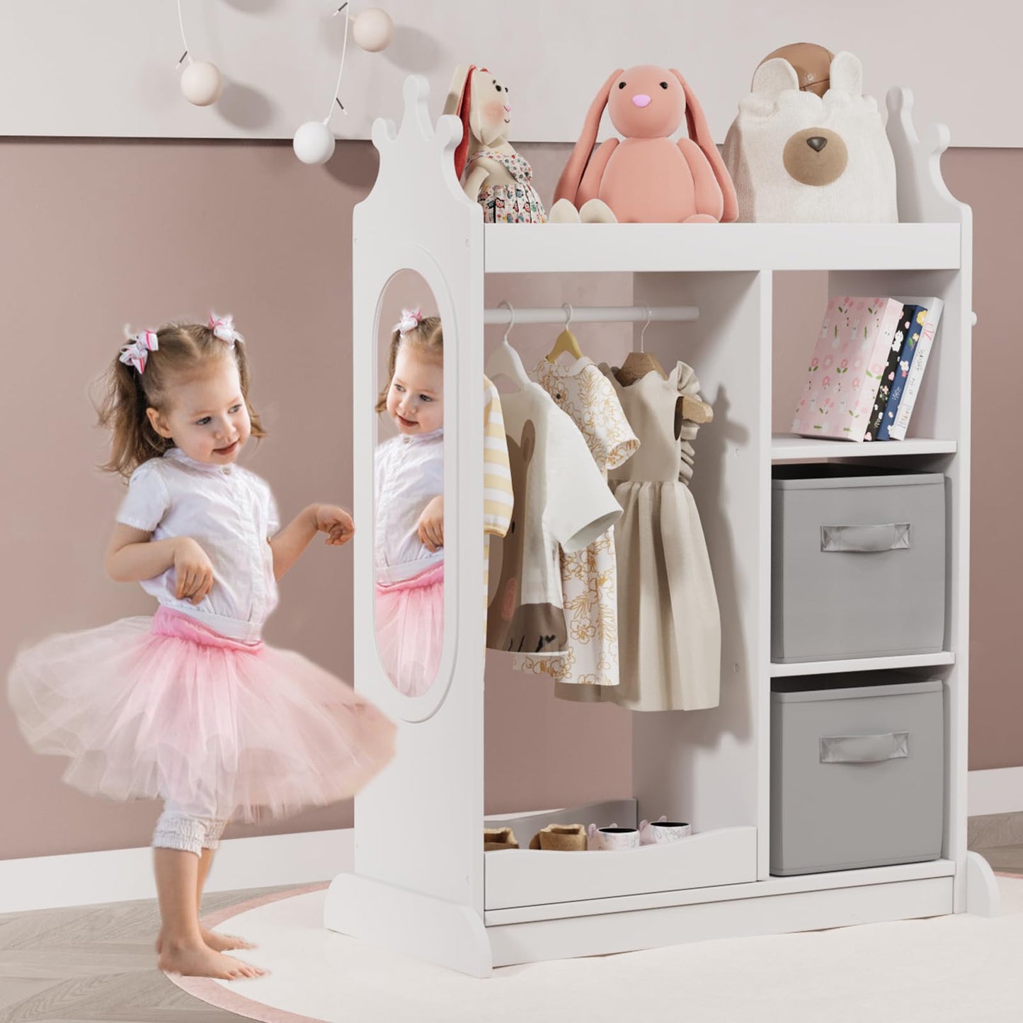 KIDINIX Kids Wardrobe with Mirror, Open Dress Up Storage Kids Armoire Wardrobe with 3 Tier Storage Shelf,2 Fabric Storage,Shoe Rack, Kids Dress Up Rack for Coats, Dance Costume, Hats, Shoes,White
