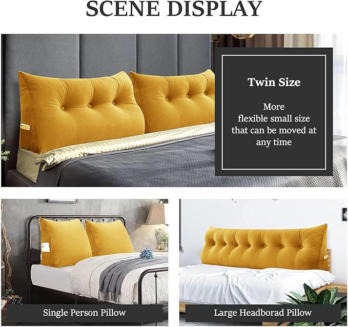 Bed Wedge Headboard Pillow - College Dorm Reading Pillow Back Support While Sitting in Bed - Ergonomic Lumbar Pillow Body Positioning Bed Pillow - Velvet Golden Yellow 59IN