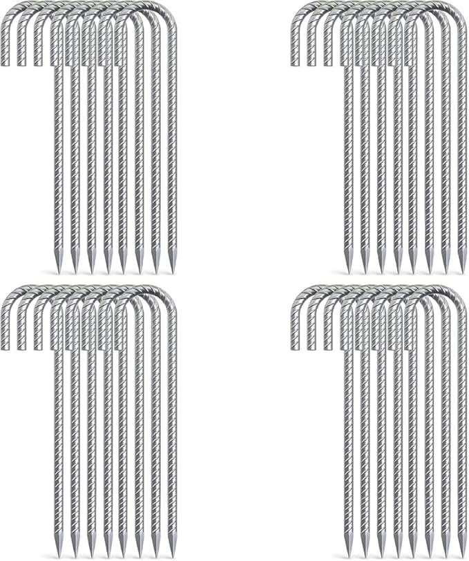 AAGUT Rebar Stakes 12 Inch J Hook Heavy Duty 32 Pack, 3/8 Inch Galvanized Metal Steel Ground Anchors Chain Link Fence Stakes for Camping Tent, Inflatables, Yard Decorations, Canopies & Swing Sets