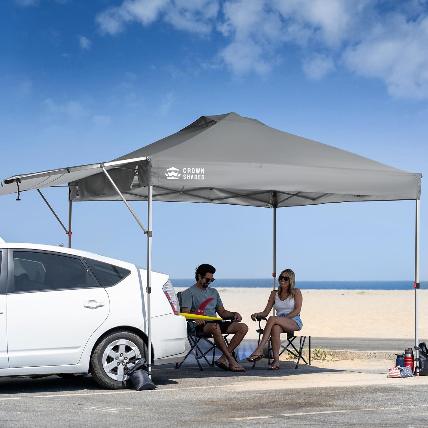 CROWN SHADES 10x10 Pop up Canopy Tent, Instant Commercial Canopy with Extend Awning, Patended Centerlock, 150D Silver Coated Fabric, 4 Ropes, 8 Stakes, 4 Weight Bags, STO 'N Go Bag, Grey