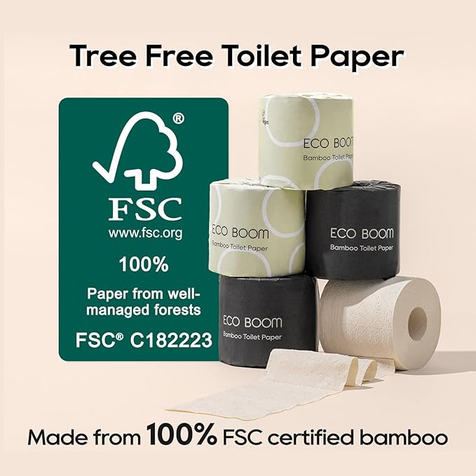 ECO BOOM Toilet Paper 100% Bamboo 3-Ply, PFAS Free, BPA Free, Septic Safe, 48 mega Rolls, FSC Certified, 360 Sheets, Plastic & Chemical Free