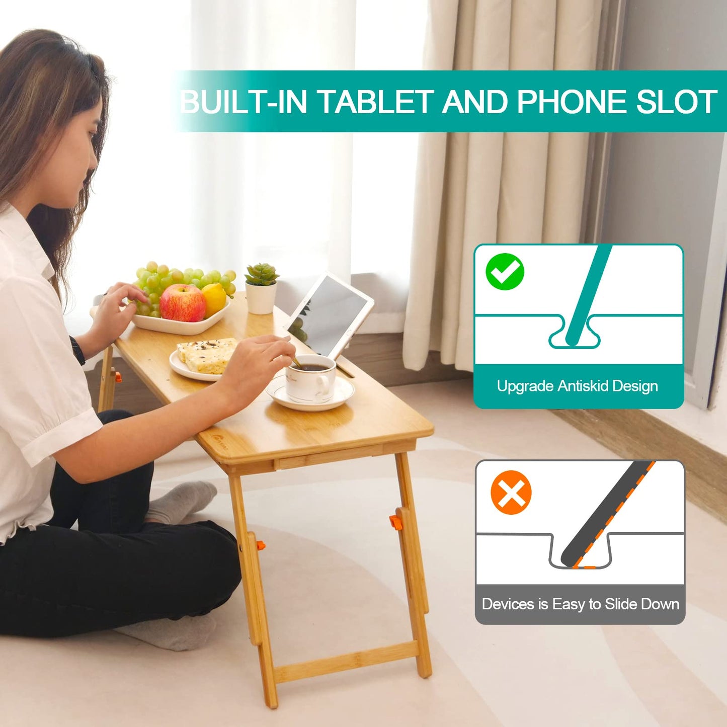 Laptop Desk for Bed, COIWAI Laptop Bed Tray, Bamboo Lap Desk with Tablet Slot, Adjustable Height Angle, Foldable Tray for Sofa Couch Floor, with Storage Drawer - Large