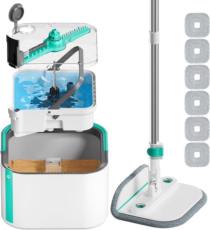 Upgraded Self-Standing Spin Mop and Bucket System, Detachable Inner Mop Bucket Separates Dirty Water & 90° Foldable Head, Triple-Scrub System, 0.9Gal Dual Drainage, for Hardwood Floors (Blue 6 Pads)