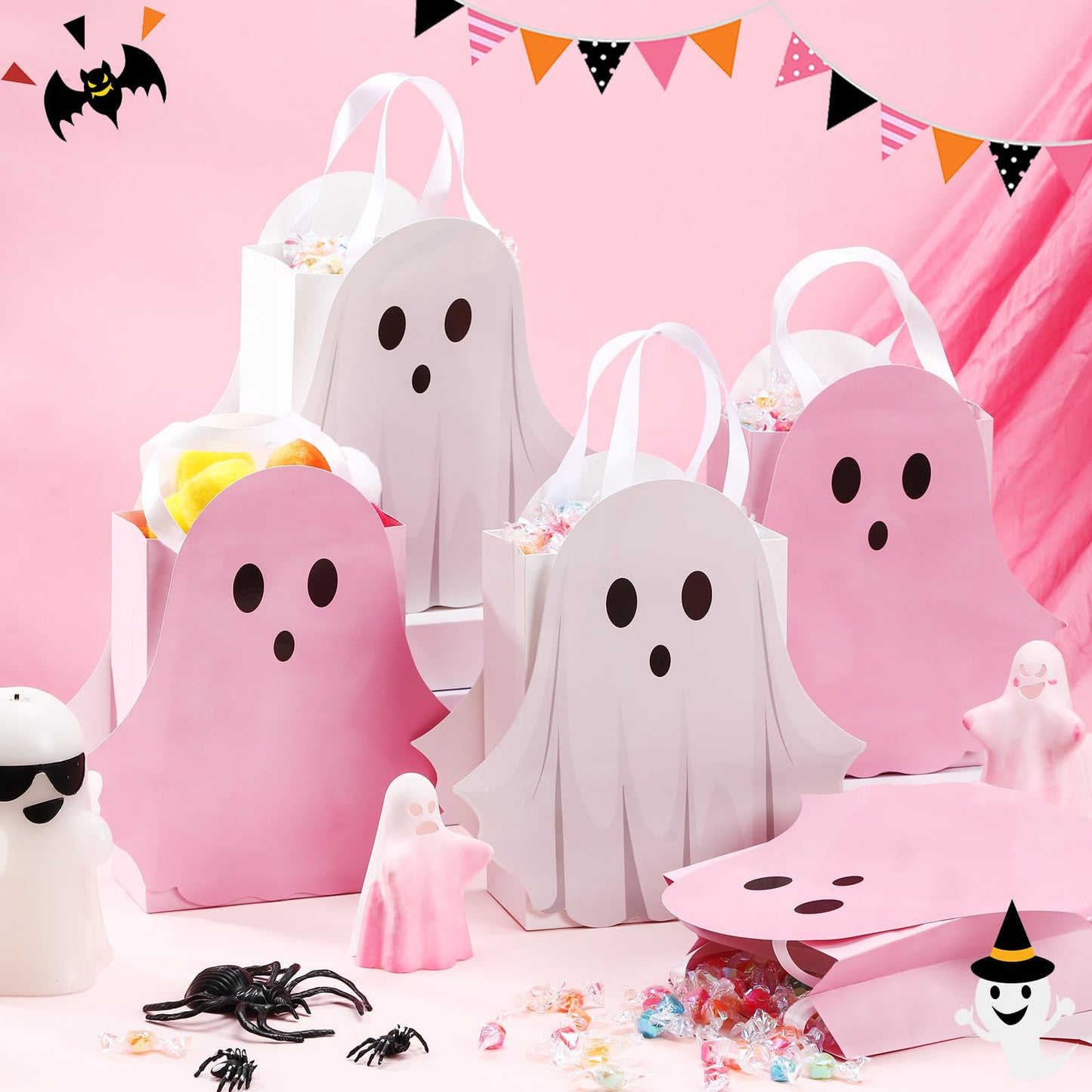 Sweetude 24 Pcs Halloween Ghost Paper Gift Bags Pink and White Ghost Shaped Goodie Candy Bags Bulk with Handles Trick or Treat Party Favor for Holiday Spooky Birthday Party Gift Wrap Supplies