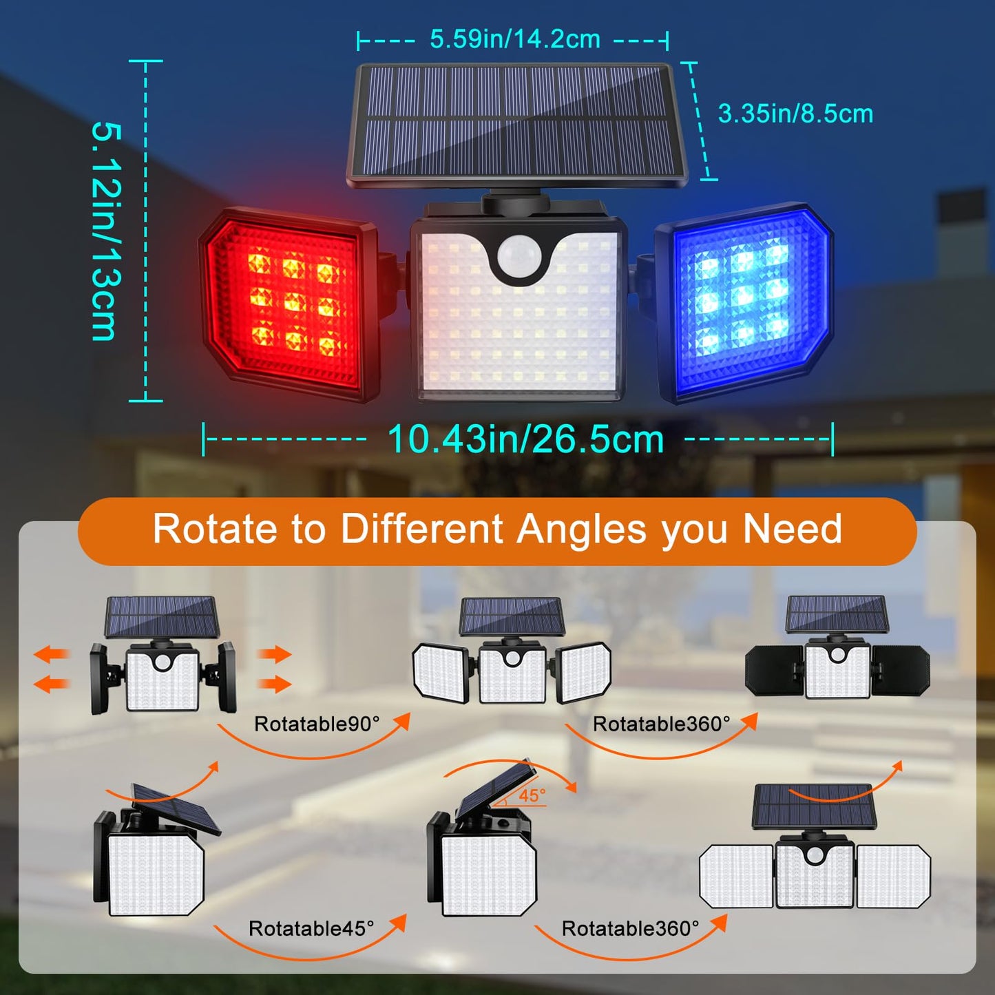 Aolyty Solar Motion Sensor Lights - IP65 Waterproof Solar Strobe Wall Lights - Bright White/Red & Blue Flashing for Garden, Patio, Yard & Front Door